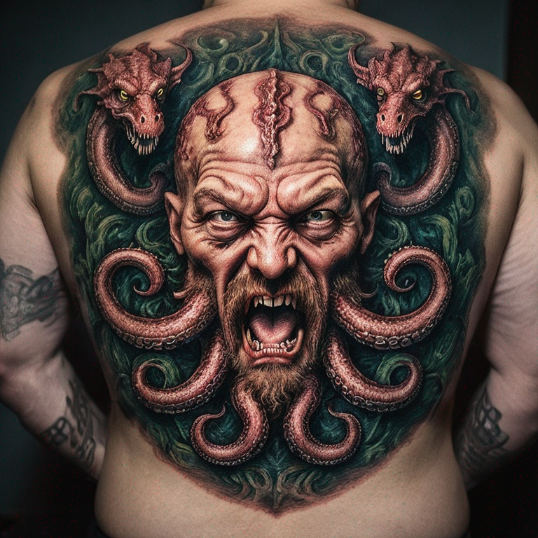 Cthulhu's head with five dragon-headed tentacles for a mouth-tattoo