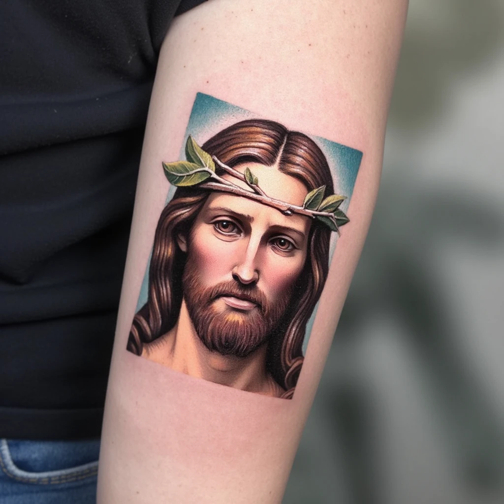 A big tattoo on the forearm with Jesus-tattoo