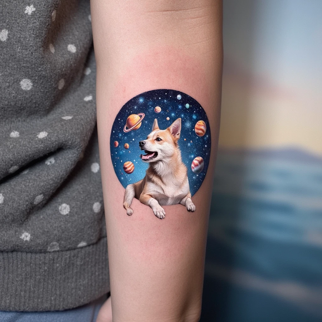 une patte de chien dans la galaxie entouré d'un atome de planètes-tattoo