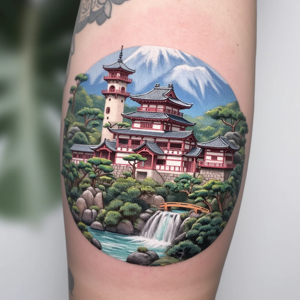 Un château dans le style miyazaki-tattoo