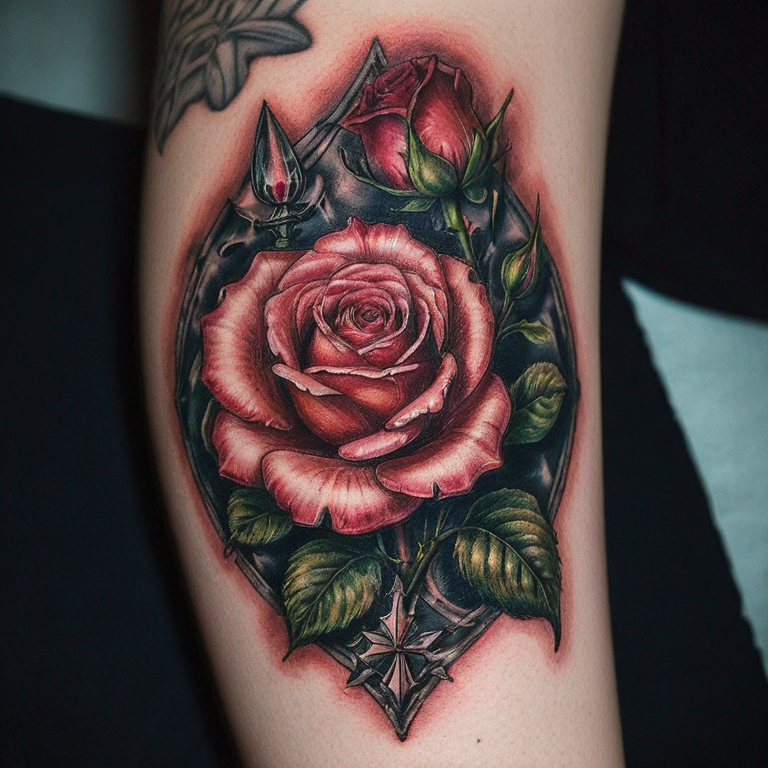 Une dague qui transperce une rose, avec un pommeau  fleur de lys et d'autre détaile-tattoo