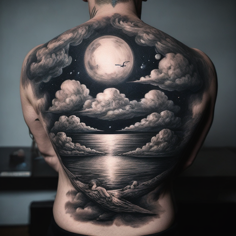 Haut  Ange sur un nuage. Milieu  Pluie, petits anges descendant vers la terre. Bas  La terre à moitié dans les flammes.-tattoo