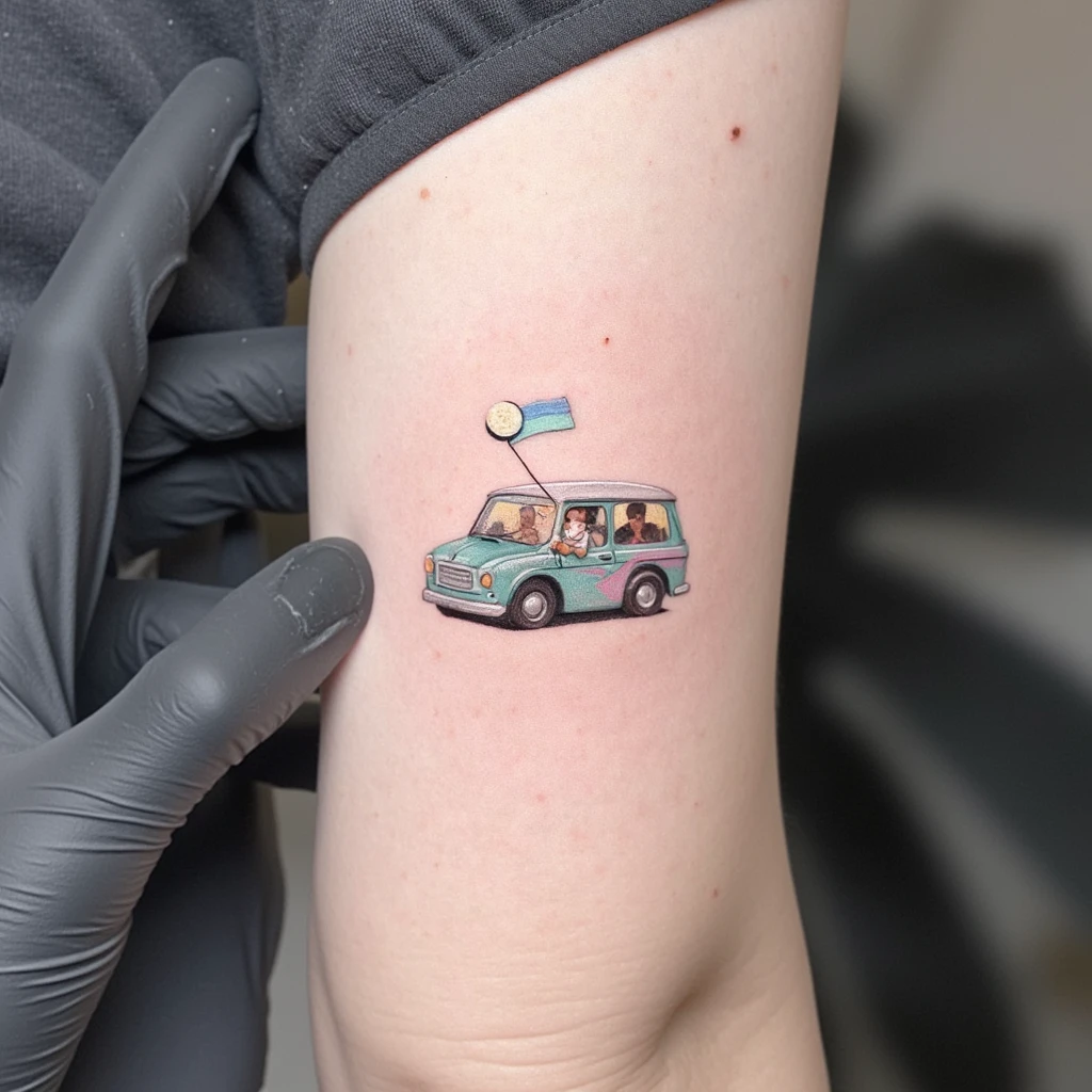 tatoauge minimaliste avec un ancien Macintosh avec un chaton se cachant derrière-tattoo