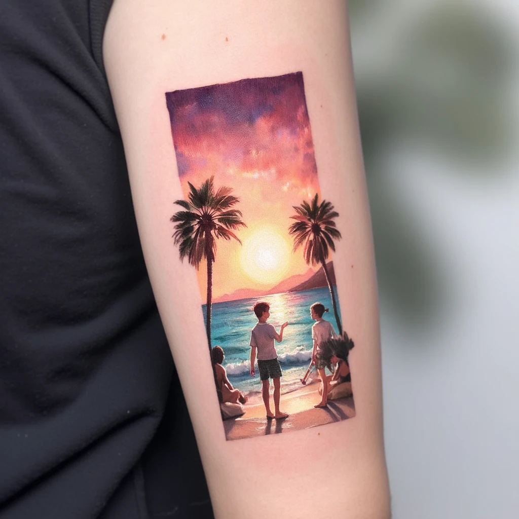 deux garçons devant un couche de soleil-tattoo