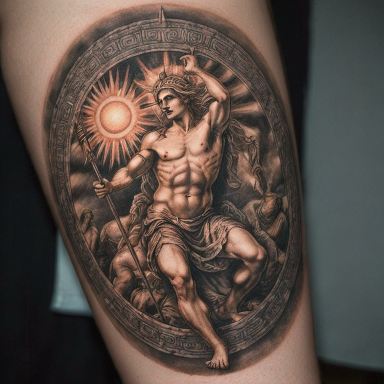 Créature mythologie grec avec soleil-tattoo