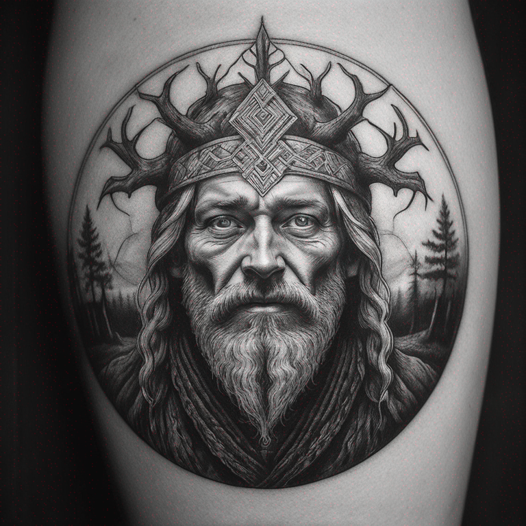 simple lines, minimal leshy, slavic folklore, black and white, simple-tattoo