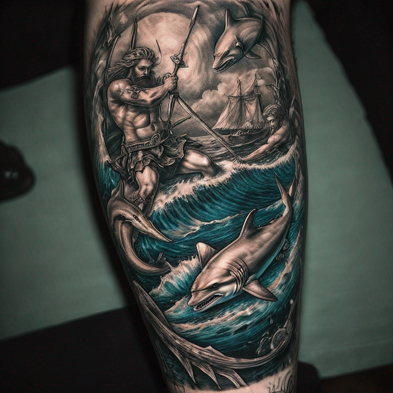 tridente de poseidon con delfines y tiburones rodeandolo-tattoo