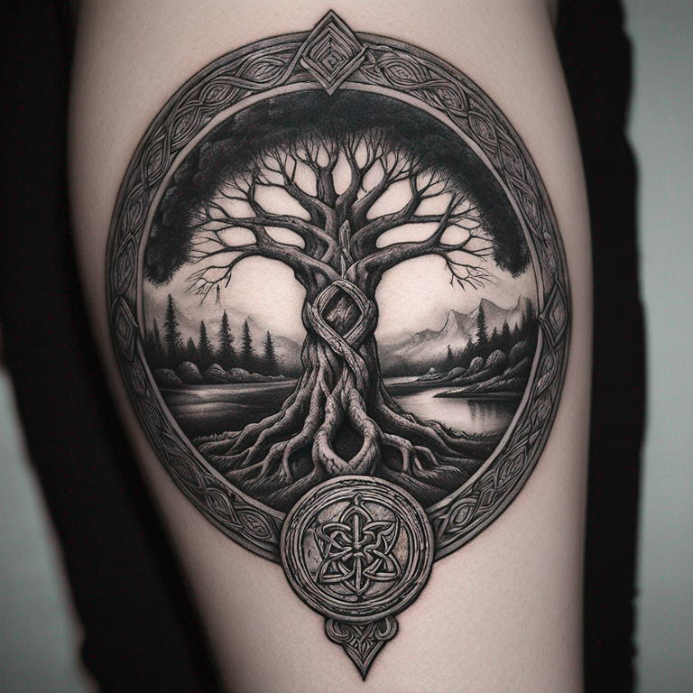 tatouage yggdrasil noeud celtique algiz sowilo monochrome bras taille moyenne motif epure-tattoo