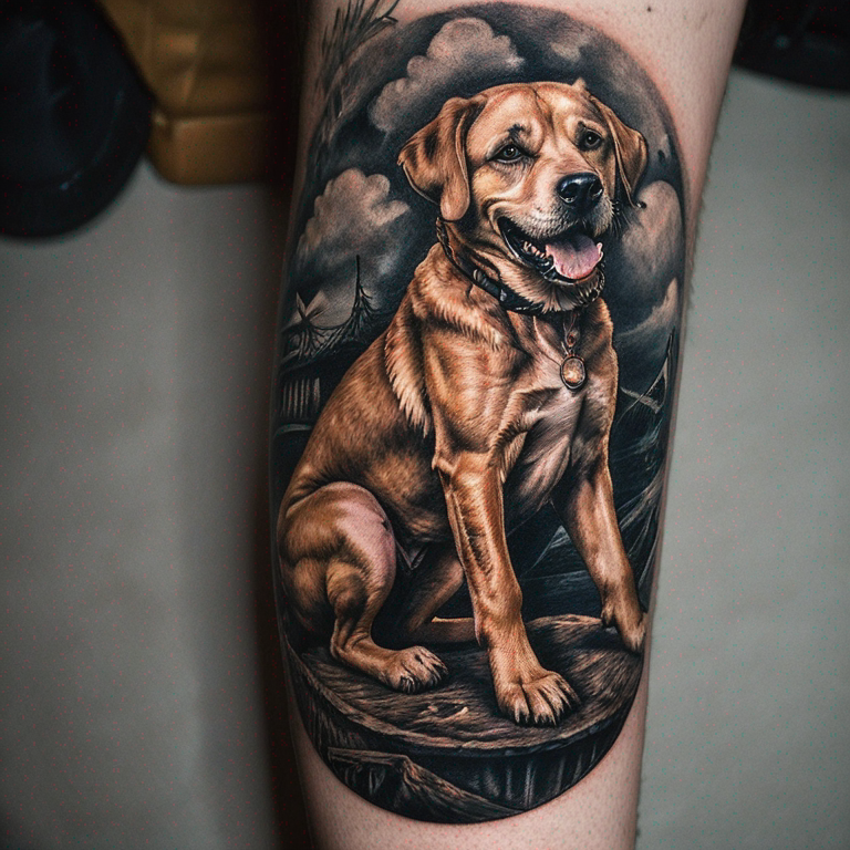 un perro a los pies de una tumba-tattoo