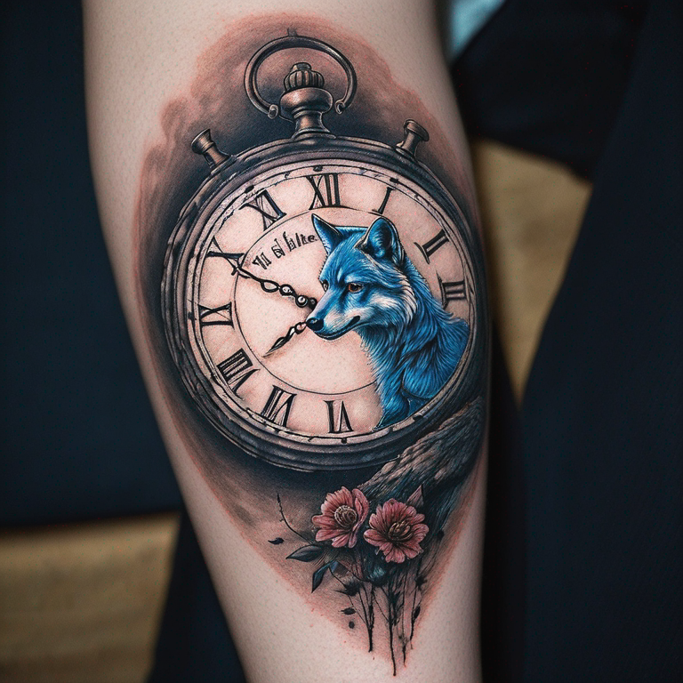 un oeil bleu de loup de profil dans une horloge en chiffre romain avec la phrase "The quiet ones are often the ones with surprises"-tattoo