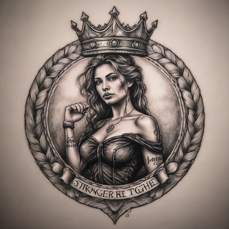 Stronger together en italique et une écriture curcive, avec une couronne une étoile et le symbole alpha pour homme et femme discret-tattoo