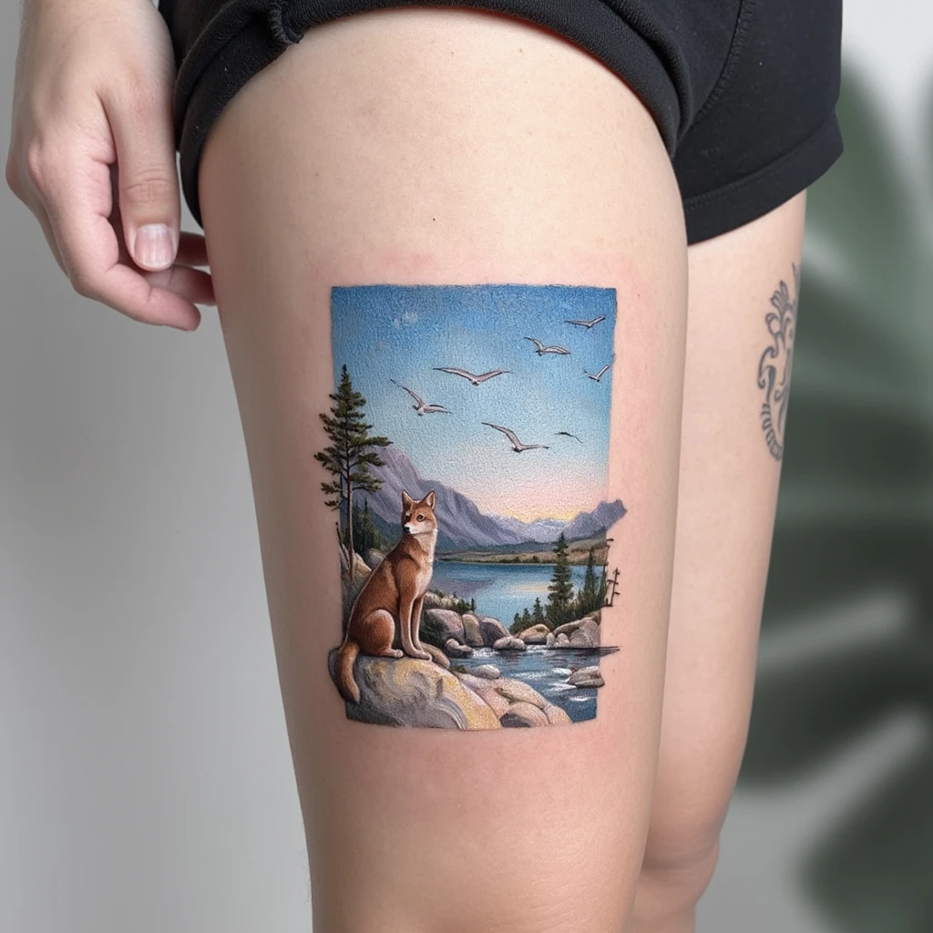 Loup qui médite avec épée posée au sol dans un paysage enneigée-tattoo