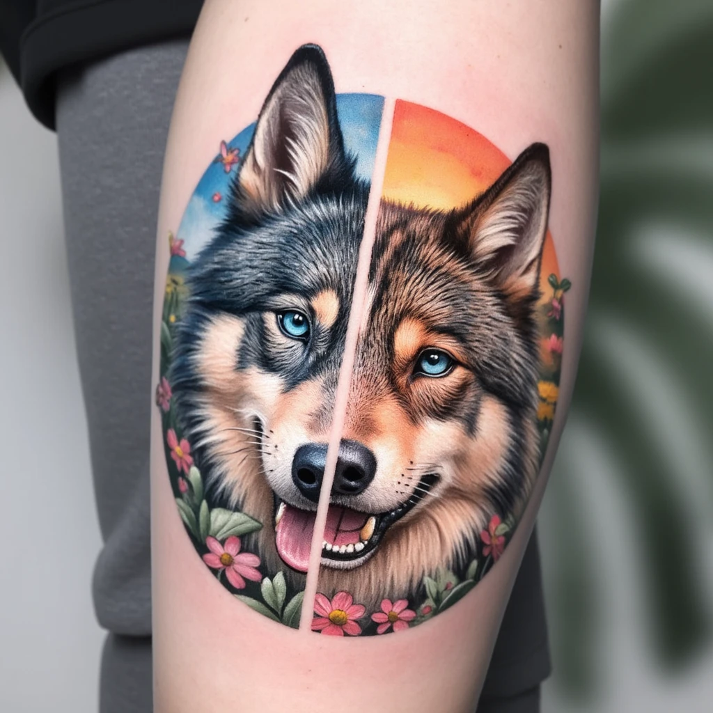 un retrato realista de la cara de un lobo con un ojo azul y otro naranja. Arriba debe tener arboles a lo lejos, y debajo igual junto con sombras de 3 lobos juntos, una pareja y un cachorro-tattoo