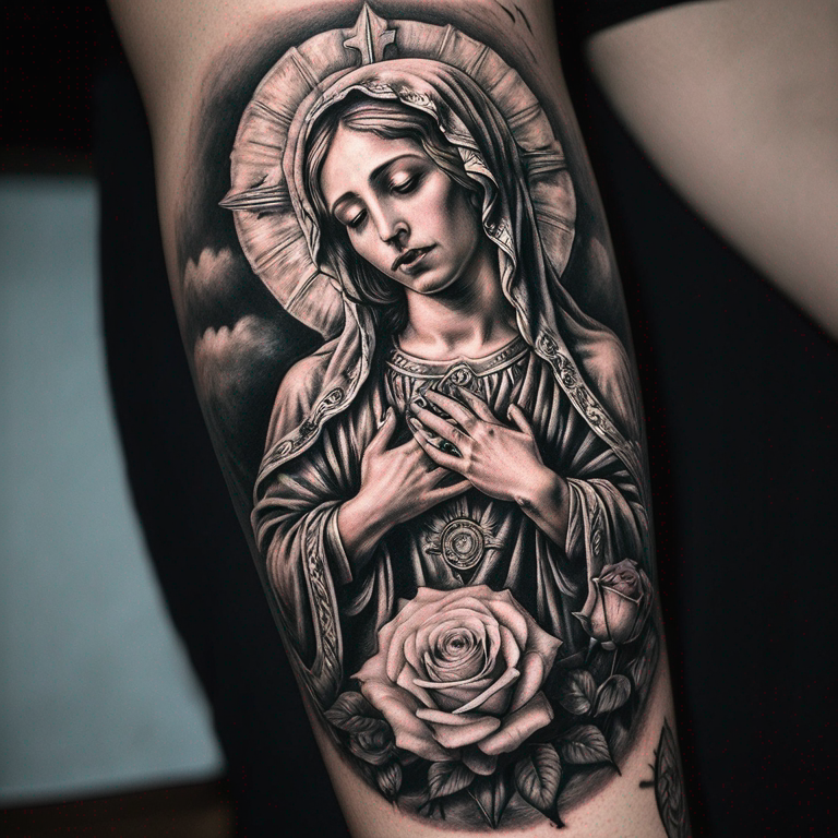 quiero a la virgen del socavon en blanco y negro con rosas alrededor, con una frase religiosa-tattoo