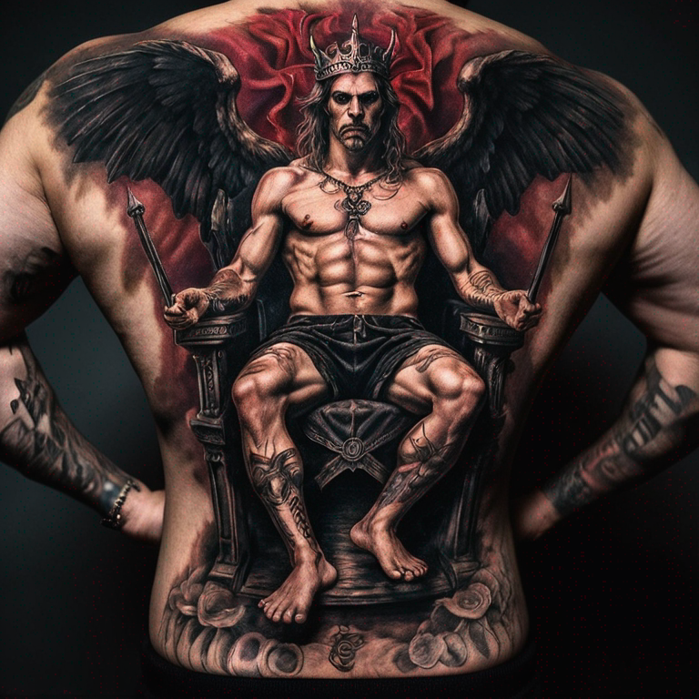 demonio con alas sentado en un trono espalda completa-tattoo