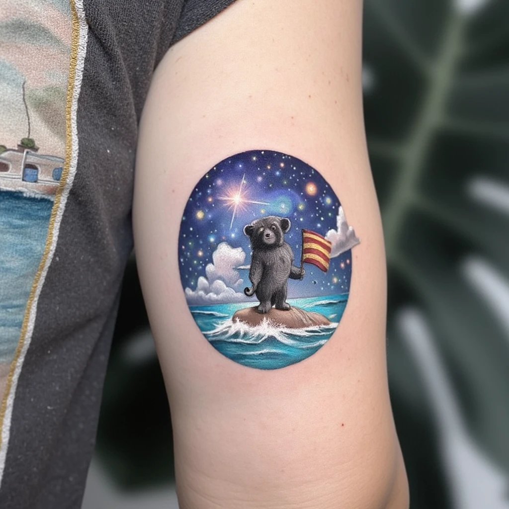 Nascer da LUA grande saindo do MAR, com nuvens, estrelas, e um punho da resistência negra menos que o luar so contorno e sombreado saindo da água-tattoo