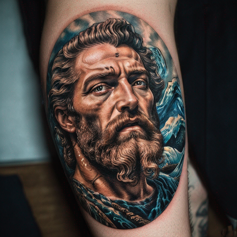 rostro de poseidon con su tridente-tattoo