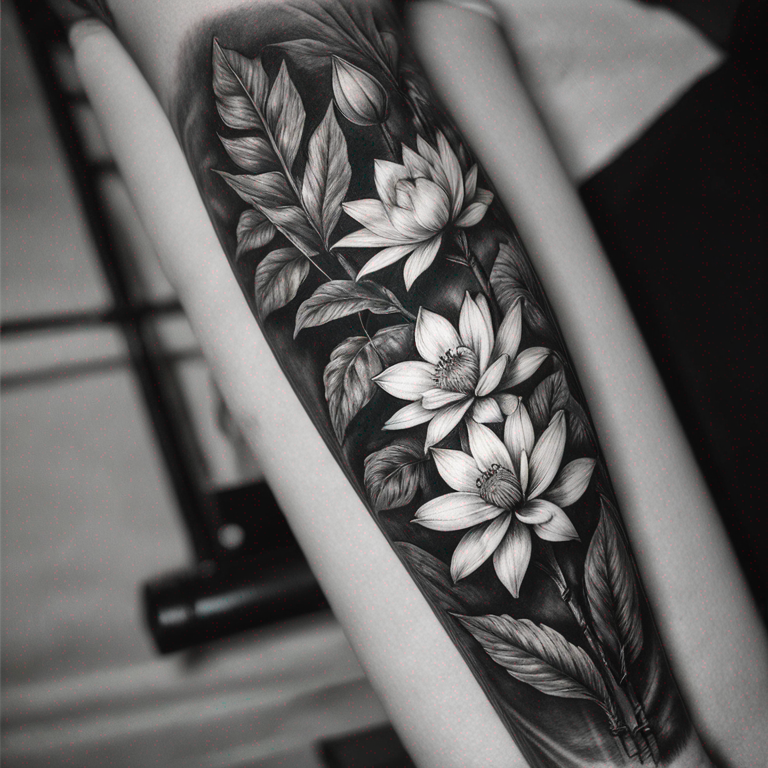 Plantilla  de tatuaje antebrazo completo en blanco y negro, hojas sin florestropicales-tattoo