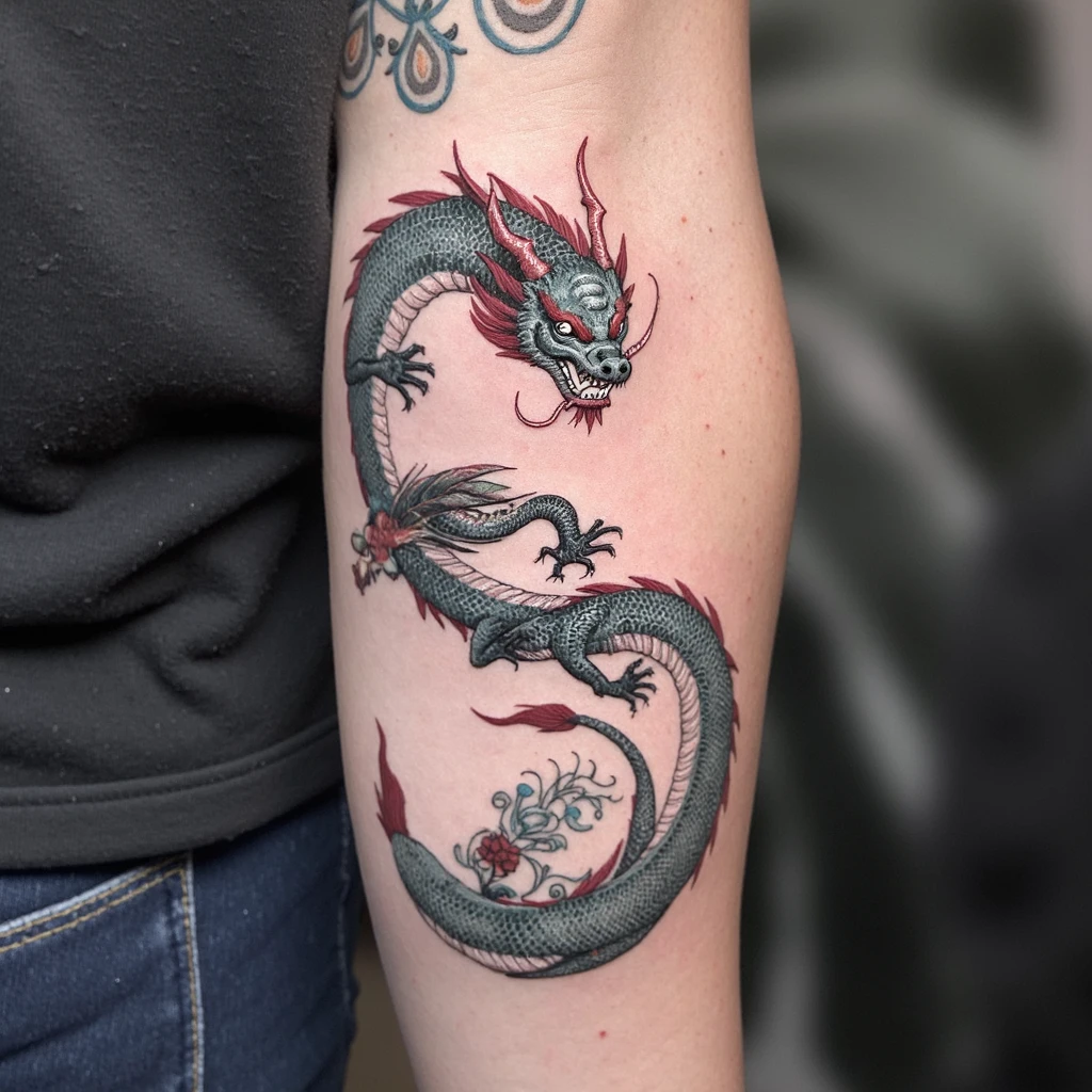 tatouage dans le dos reprenant une pagode, un cerisier et un dragon-tattoo