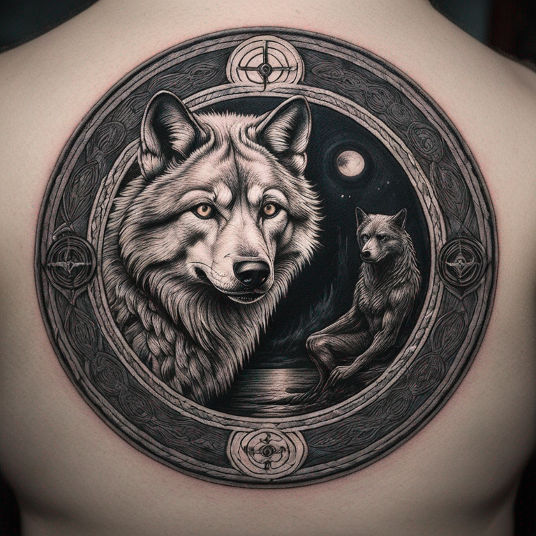 un loup noir stylisé en entrelacs celtiques faisant face à un loup blanc, dans un cercle, et autour de ce cercle, écrit "memento mori" en police chomsky-tattoo