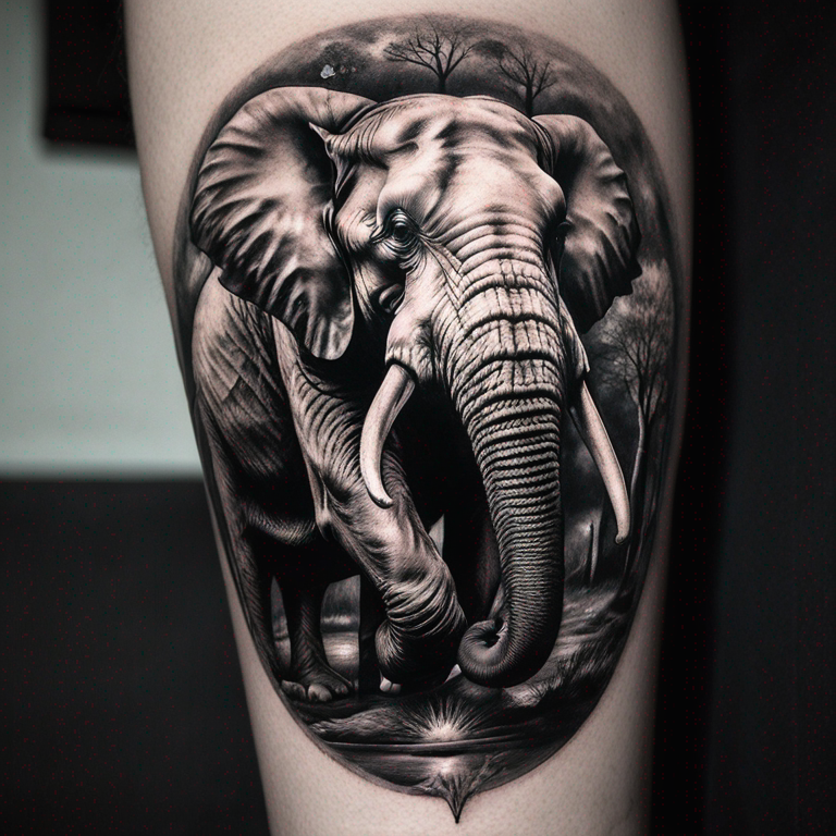 el centro del tatuaje es un elefante con estilo nordico. en blanco y negro-tattoo