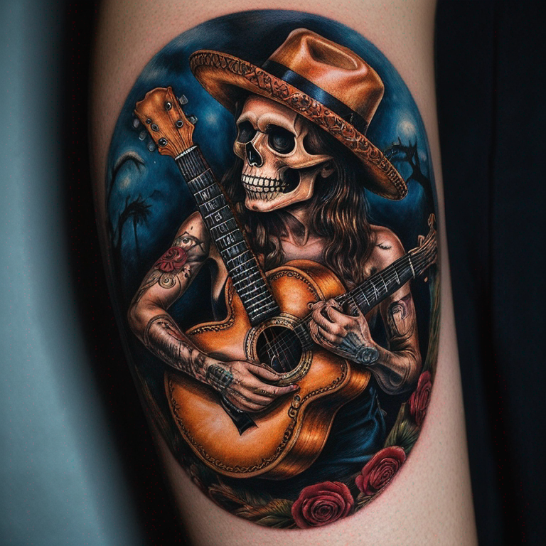 Forajido de perfil medio cuerpo tocando la guitarra. El sombrero tapa medio rostro de calavera tocando guitarra.-tattoo