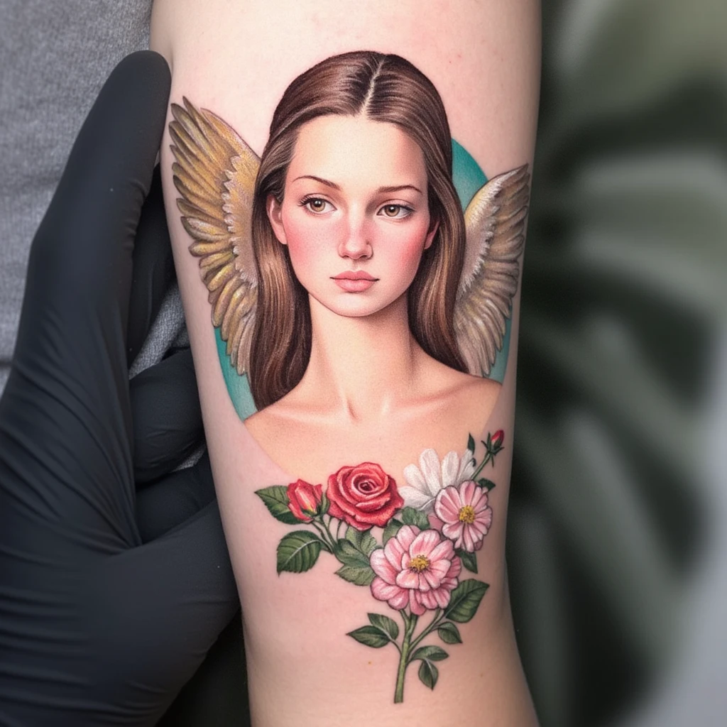 Una chica con un ángel a cada lado que son mujeres, expresando como que están con ella y hay rosas-tattoo