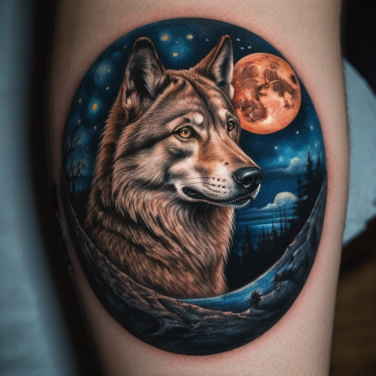 rostro de lobo solitario con la luna llena a color-tattoo