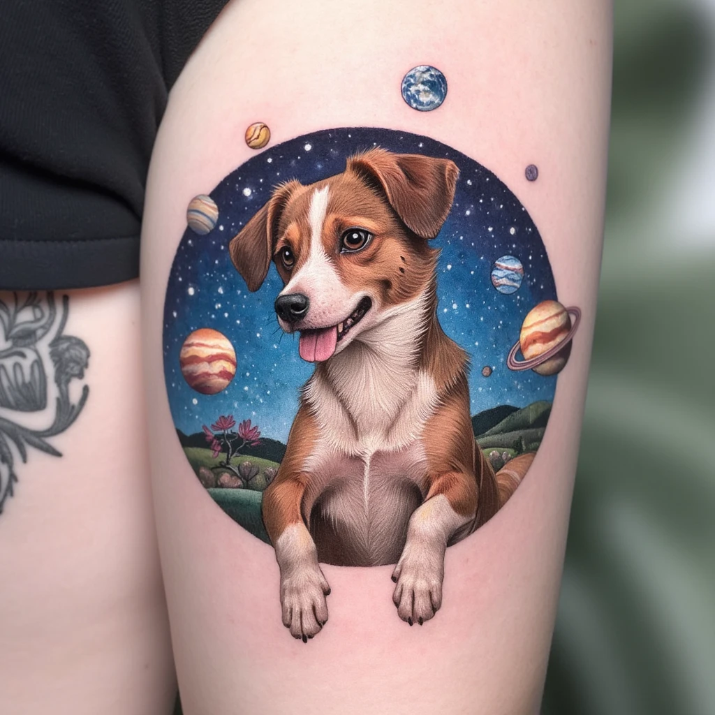 une patte de chien entourné d'un atome de planètes-tattoo