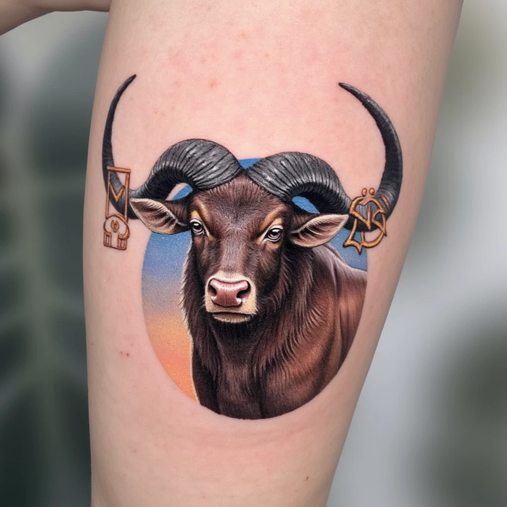 n toro robusto y poderoso, representando a Tauro, con detalles mitológicos como un grabado en sus cuernos o pecho, por ejemplo, el símbolo de Venus (♀) grabado en estilo geométrico.-tattoo