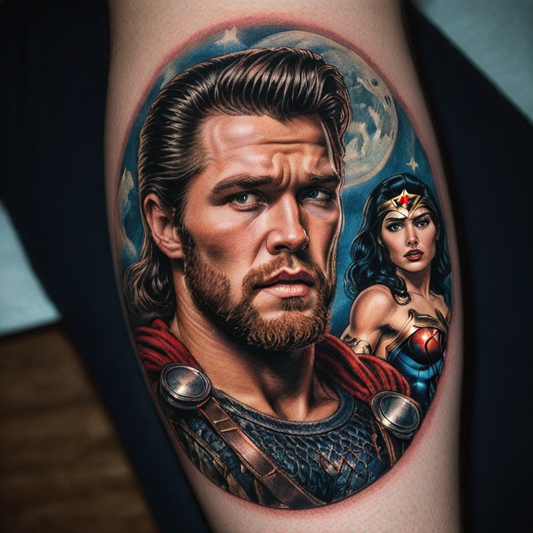 I want the 3 characters on the same image Thor the superhero and wonder women, the singer Elvis Presley.-tattoo