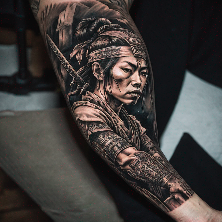 quiero una combinacion de neoclasico, tribal y grafiti, en un tatto de brazo completo, que represente a una samurai mujer-tattoo