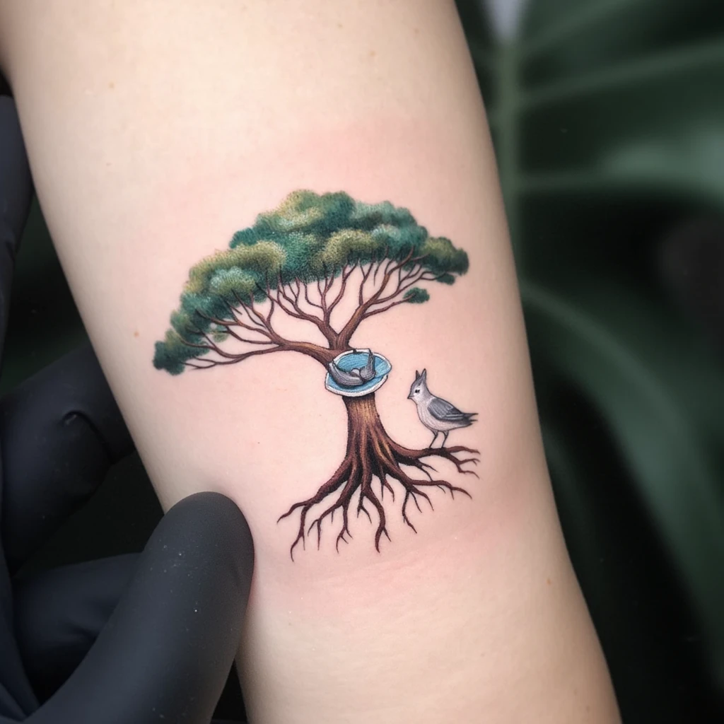 arbre avec ses racines, à l'intérieur une boussole, au dessus de l'arbre  le signe astrologique du verseau et du gémeaux-tattoo