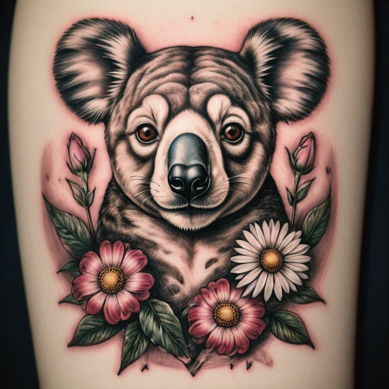 koala, husky, colibri dans un cœur de fleurs   des roses, des marguerites, des soucis. Autour du cœur une abeille, deux papillons, trois libellules. Initiale M, L et T.-tattoo