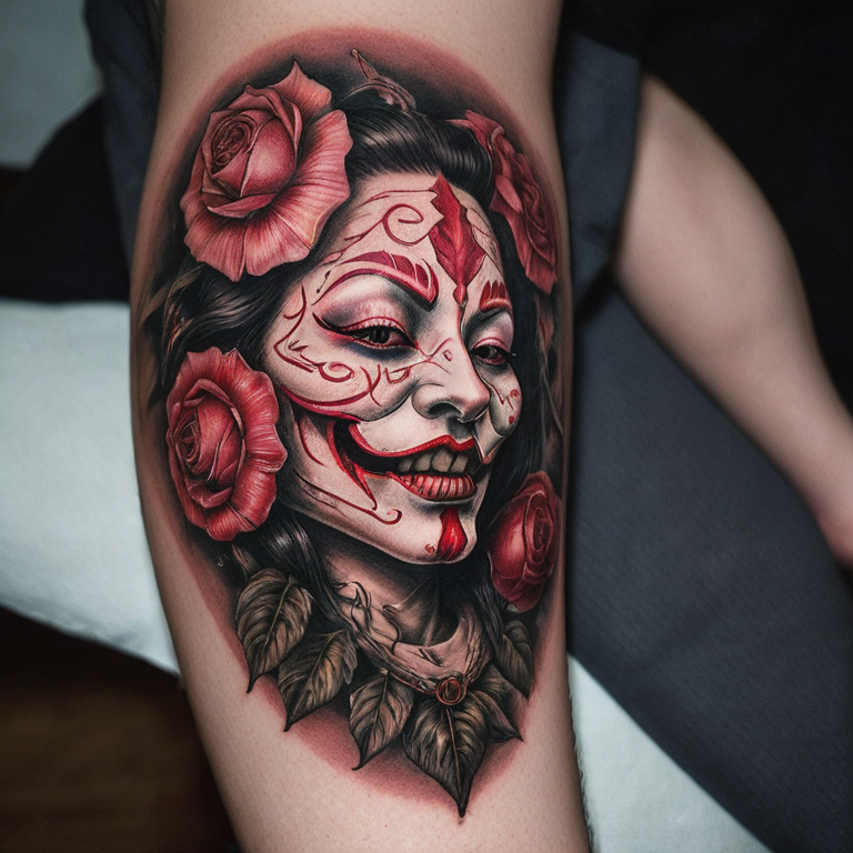 le sourrire du masque oni japonnais sans le visage avec des roses qui servent de yeux-tattoo