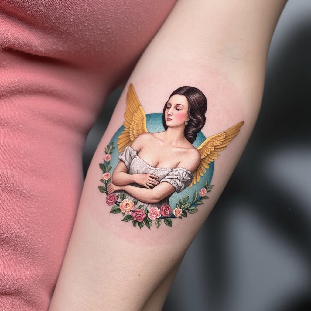 Una chica con un ángel a cada lado que son mujeres, expresando como que están con ella y hay rosas-tattoo