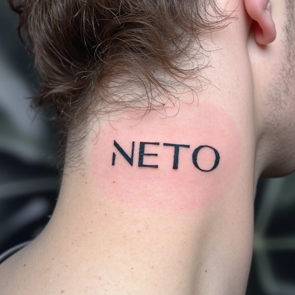 La palabra NETO haciendo forma para el cuello con letra góticas-tattoo