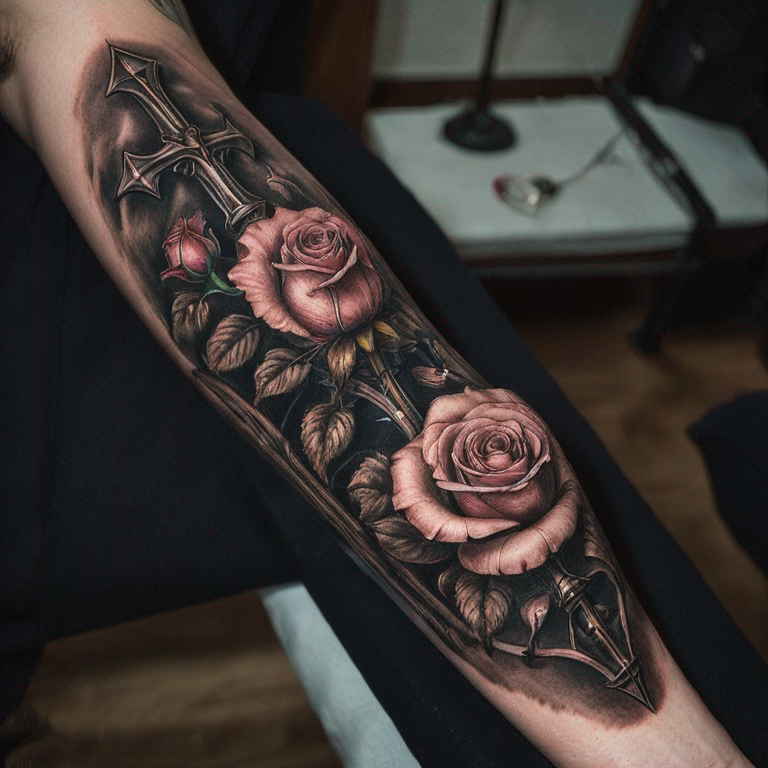 Un couteau qui coupe une rose en deux, avec un pommeau  fleur de lys et d'autre détaile-tattoo