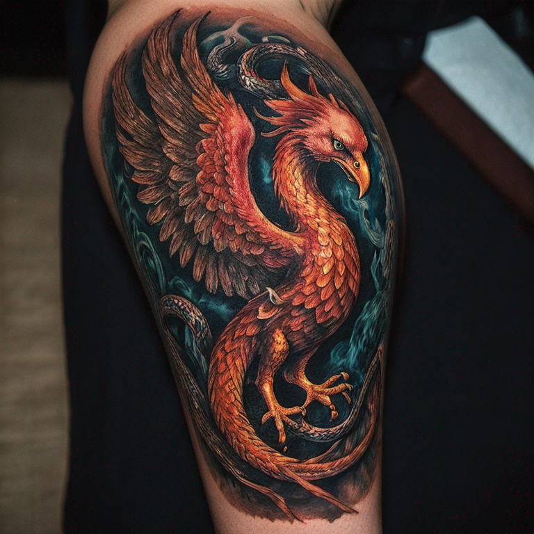 un phoenix qui tient 2 serpents dans ses pattes pour pectoraux-tattoo