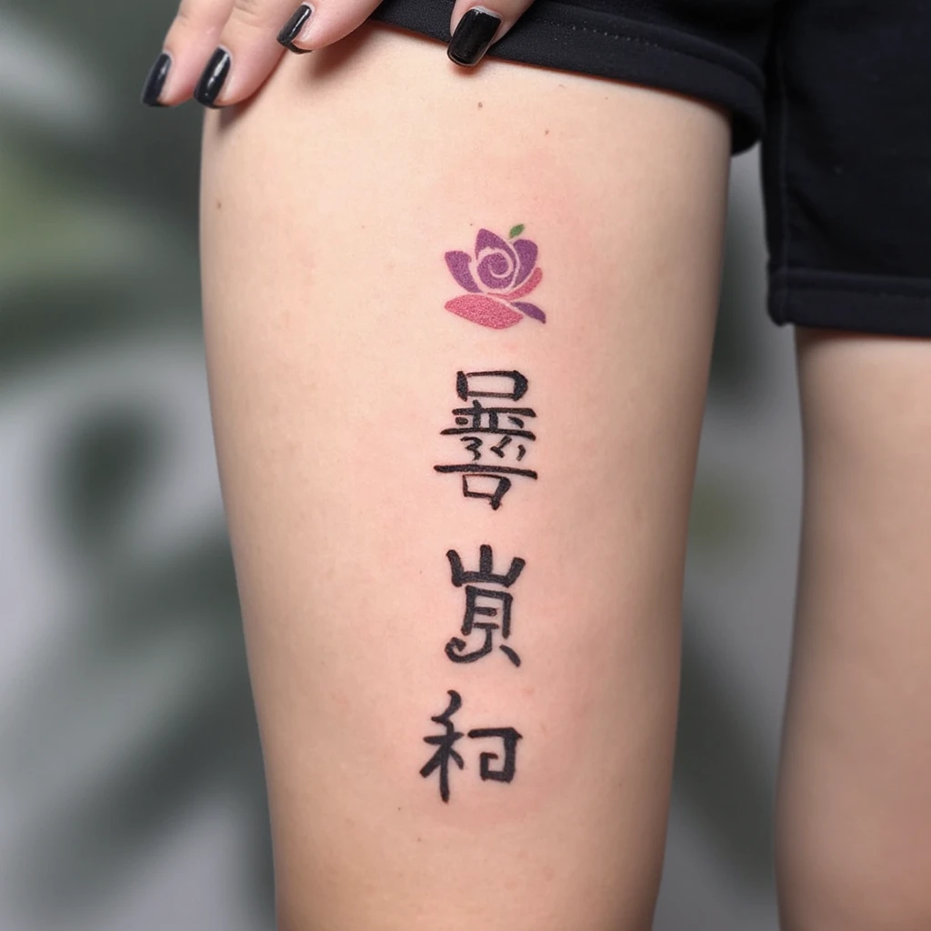 Tres letras japonesas, significando amor, coragem e familia, com um sombreado no fundo-tattoo