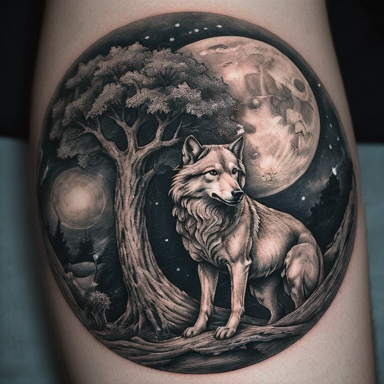 un chêne et une walkyrie. 2 corbeaux qui s'envolent vers la lune. Un loup allongé au pied de l'arbre-tattoo