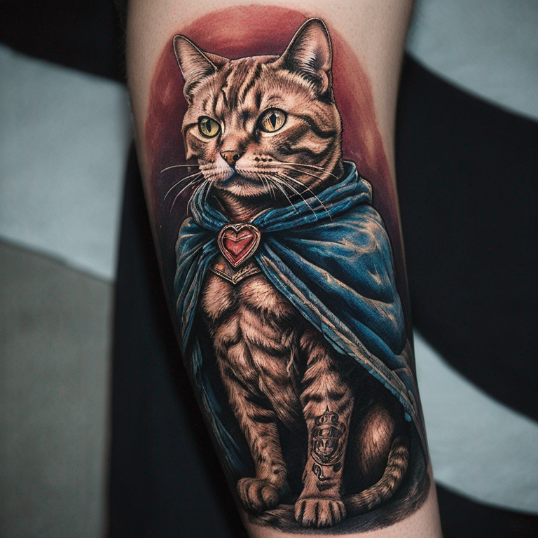 Un chat rigolo super héros avec une cape-tattoo