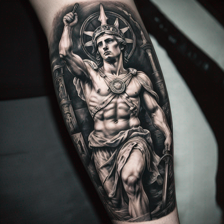 diseño brazo dderecho imperio romano en blanco y negro-tattoo