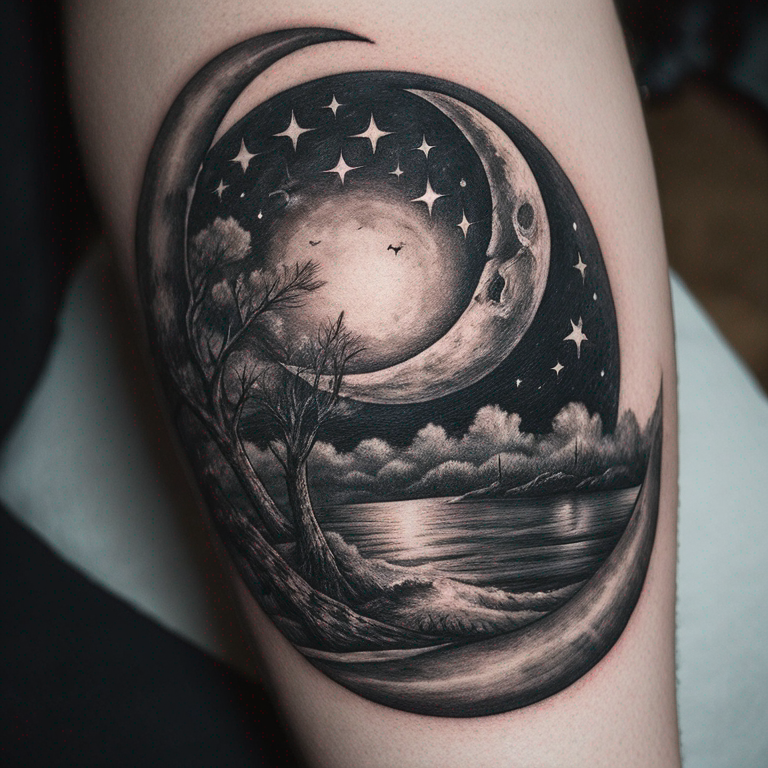 séléné avec une lune en fond, de l'eau et deux étoiles-tattoo