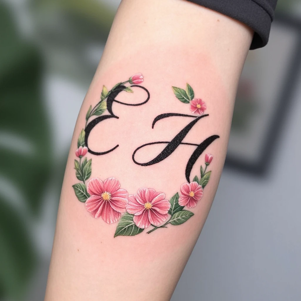 .quiero un diseño de tatu, iniciales E L H, en cursiva y con flores, pero que tapen bastante las iniciales-tattoo