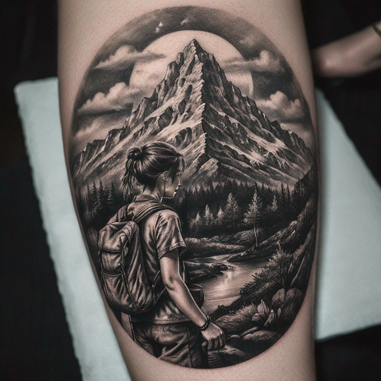 A small tattoo for hand in which a girl with backpack observing a mountain-tattoo