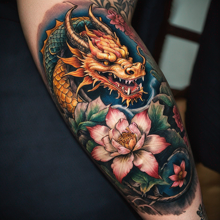 flores japonesas a color con complementos de dragones delgados para los brazos-tattoo