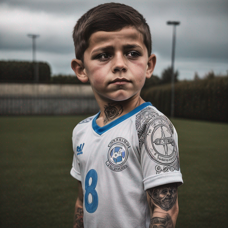 Un niño situado en un campo de futbol vestido con su equipacion en la que lleva el numero 2 y a su lado un abuelo no muy mayor abrazandolo-tattoo