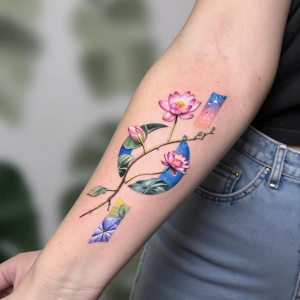 frase "post tenebras lux" com uma perola e uma flor de lotus e flor de lotus-tattoo