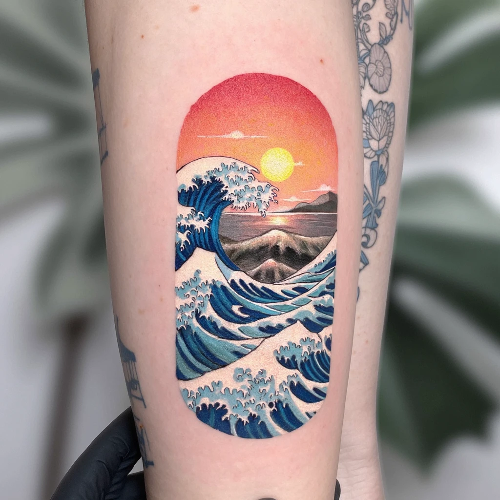 Tatuaje estilo japonés que junto a las olas el sol simbolizan el amor-tattoo